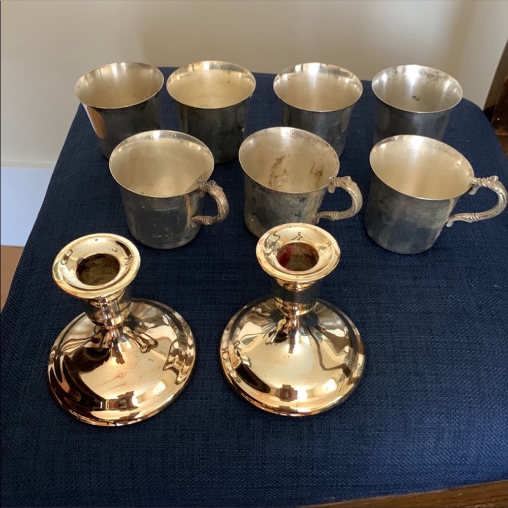 Wallace Silver 3 silver-plated handled cups,  4 no handles plus 2 candlesticks
